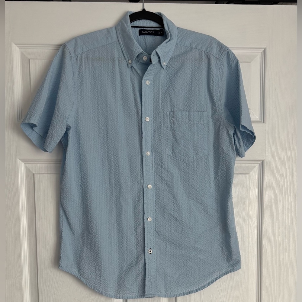 Nautica Men Blue Camp Short Sleeve Regular Fit Shirt Cool Fabric M